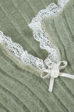 Coquette Aesthetic Lace Trim Notch Neck Cropped Knit Sweater