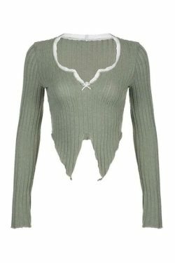 Coquette Aesthetic Lace Trim Notch Neck Cropped Knit Sweater