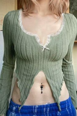 Coquette Aesthetic Lace Trim Notch Neck Cropped Knit Sweater