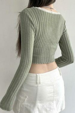 Coquette Aesthetic Lace Trim Notch Neck Cropped Knit Sweater