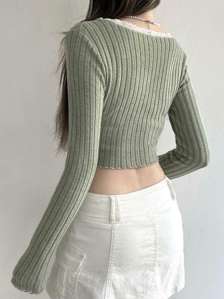 Coquette Aesthetic Lace Trim Notch Neck Cropped Knit Sweater Coquette Aesthetic Lace Trim Notch Neck Cropped Knit Sweater