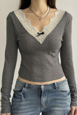 Coquette Aesthetic Lace Trim Splice V Neck Long Sleeve Knit Sweater