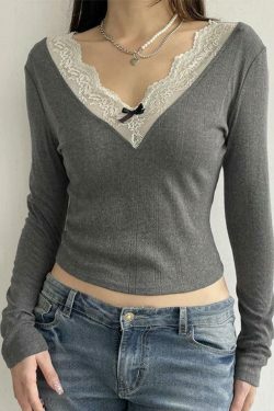 Coquette Aesthetic Lace Trim Splice V Neck Long Sleeve Knit Sweater