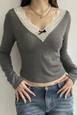 Coquette Aesthetic Lace Trim Splice V Neck Long Sleeve Knit Sweater
