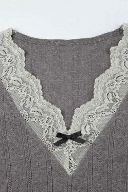 Coquette Aesthetic Lace Trim Splice V Neck Long Sleeve Knit Sweater