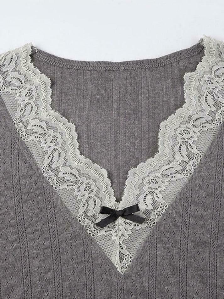 Coquette Aesthetic Lace Trim Splice V Neck Long Sleeve Knit Sweater Coquette Aesthetic Lace Trim Splice V Neck Long Sleeve Knit Sweater