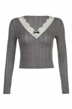 Coquette Aesthetic Lace Trim Splice V Neck Long Sleeve Knit Sweater