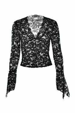 Coquette Aesthetic Lace V-Neck Flared Sleeve Top - Y2K Fashion Statement Piece