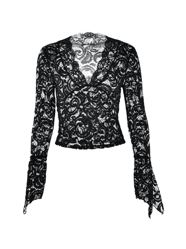 Coquette Aesthetic Lace V-Neck Flared Sleeve Top - Y2K Fashion Statement Piece