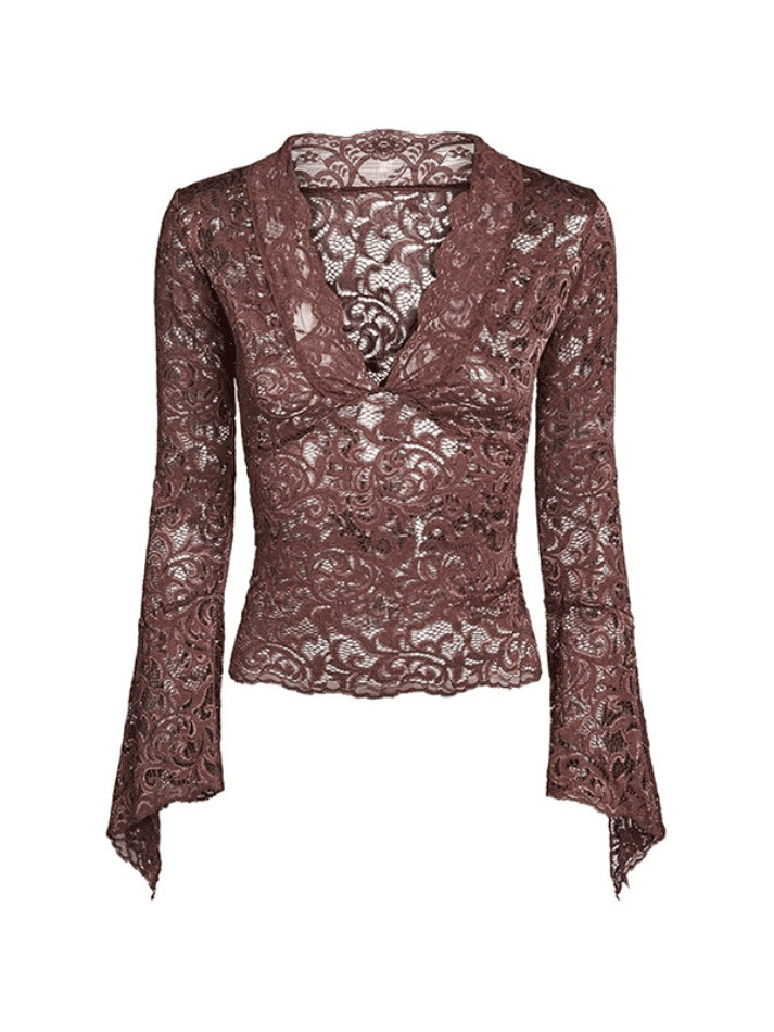 Coquette Aesthetic Lace V-Neck Flared Sleeve Top - Y2K Fashion Statement Piece