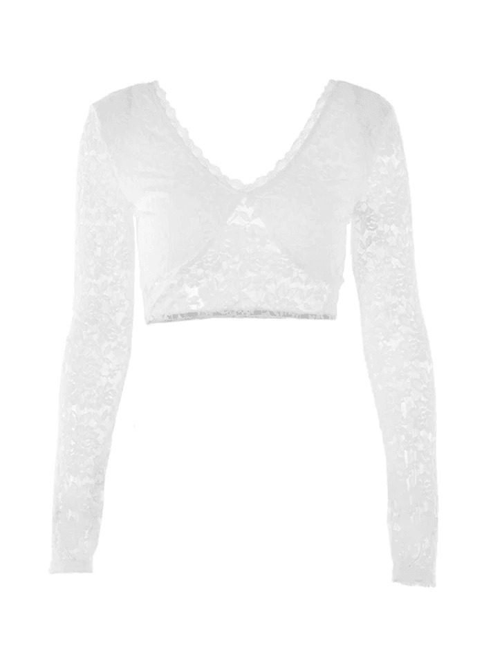 Coquette Aesthetic Lace V-Neck Open Back Long-Sleeve Tee for Women - Y2K Fashion Statement