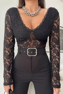 Coquette Aesthetic Lace V-Neck Open Back Long-Sleeve Tee for Women - Y2K Fashion Statement