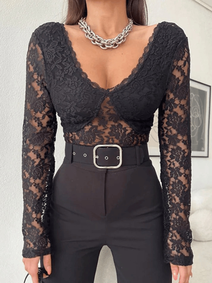 Coquette Aesthetic Lace V-Neck Open Back Long-Sleeve Tee for Women - Y2K Fashion Statement