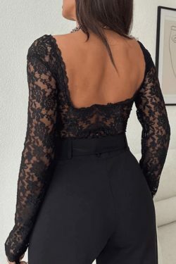 Coquette Aesthetic Lace V-Neck Open Back Long-Sleeve Tee for Women - Y2K Fashion Statement