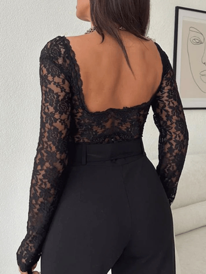 Coquette Aesthetic Lace V-Neck Open Back Long-Sleeve Tee for Women - Y2K Fashion Statement