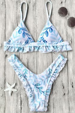 Coquette Aesthetic Leaf Print Ruffle High Cut Bikini Set