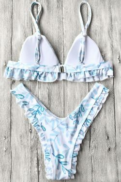 Coquette Aesthetic Leaf Print Ruffle High Cut Bikini Set
