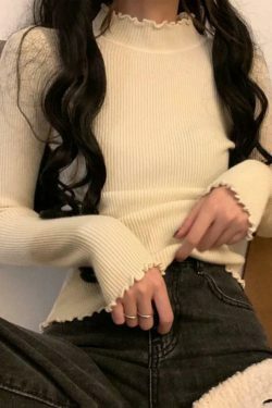 Coquette Aesthetic Lettuce Trim Mock Neck Knit Sweater for Y2K Fashion Enthusiasts