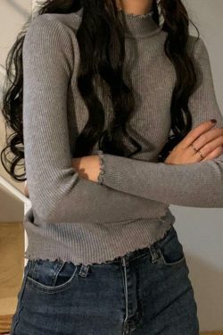 Coquette Aesthetic Lettuce Trim Mock Neck Knit Sweater for Y2K Fashion Enthusiasts