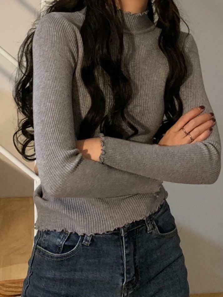 Coquette Aesthetic Lettuce Trim Mock Neck Knit Sweater for Y2K Fashion Enthusiasts Coquette Aesthetic Lettuce Trim Mock Neck Knit Sweater for Y2K Fashion Enthusiasts