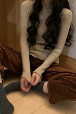 Coquette Aesthetic Lettuce Trim Mock Neck Knit Sweater for Y2K Fashion Enthusiasts