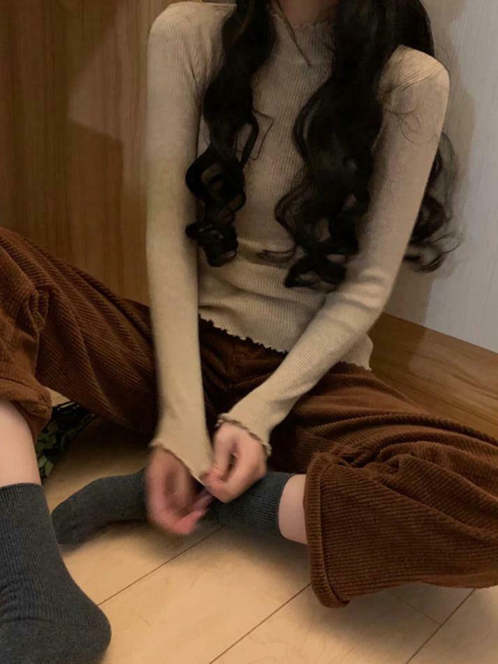 Coquette Aesthetic Lettuce Trim Mock Neck Knit Sweater for Y2K Fashion Enthusiasts Coquette Aesthetic Lettuce Trim Mock Neck Knit Sweater for Y2K Fashion Enthusiasts