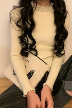 Coquette Aesthetic Lettuce Trim Mock Neck Knit Sweater for Y2K Fashion Enthusiasts