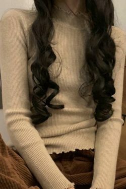 Coquette Aesthetic Lettuce Trim Mock Neck Knit Sweater for Y2K Fashion Enthusiasts