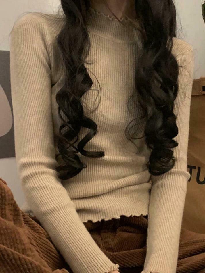 Coquette Aesthetic Lettuce Trim Mock Neck Knit Sweater for Y2K Fashion Enthusiasts Coquette Aesthetic Lettuce Trim Mock Neck Knit Sweater for Y2K Fashion Enthusiasts