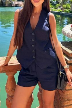 Coquette Aesthetic Linen Shorts Set for Women - Y2K Fashion Outfit with a Touch of Elegance