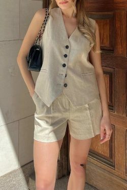 Coquette Aesthetic Linen Shorts Set for Women - Y2K Fashion Outfit with a Touch of Elegance