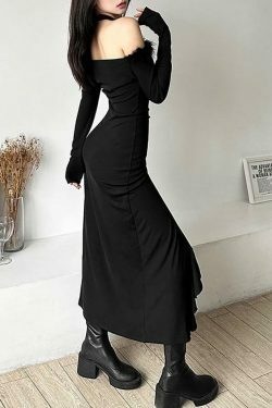 Coquette Aesthetic Long-Sleeve Fluffy Trim Ruffle Slit Midi Dress