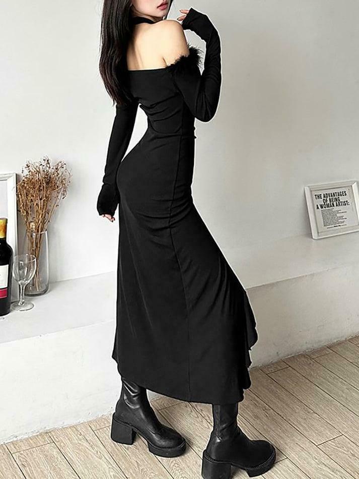 Coquette Aesthetic Long-Sleeve Fluffy Trim Ruffle Slit Midi Dress Coquette Aesthetic Long-Sleeve Fluffy Trim Ruffle Slit Midi Dress