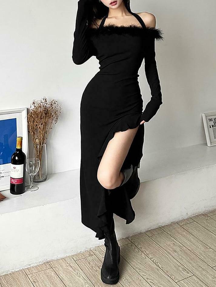 Coquette Aesthetic Long-Sleeve Fluffy Trim Ruffle Slit Midi Dress Coquette Aesthetic Long-Sleeve Fluffy Trim Ruffle Slit Midi Dress