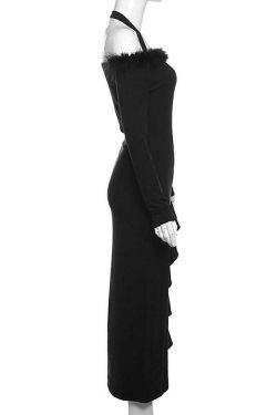 Coquette Aesthetic Long-Sleeve Fluffy Trim Ruffle Slit Midi Dress