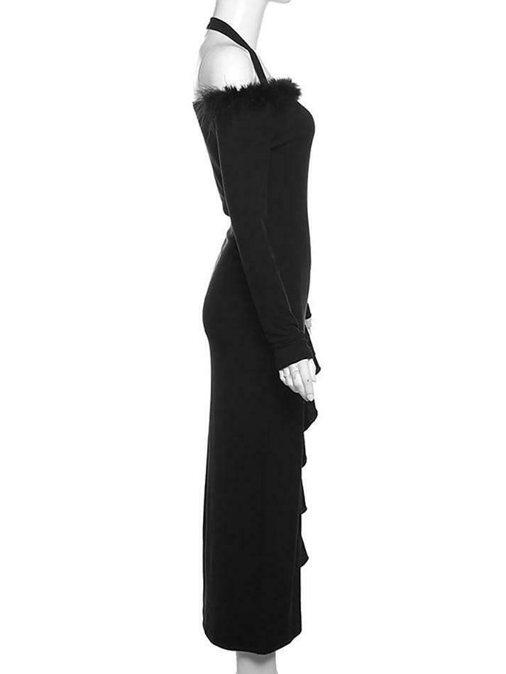 Coquette Aesthetic Long-Sleeve Fluffy Trim Ruffle Slit Midi Dress Coquette Aesthetic Long-Sleeve Fluffy Trim Ruffle Slit Midi Dress