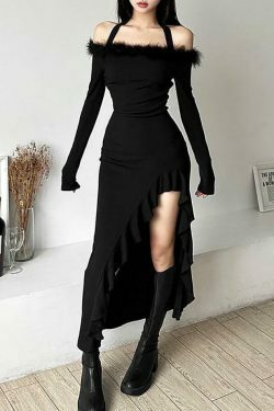 Coquette Aesthetic Long-Sleeve Fluffy Trim Ruffle Slit Midi Dress