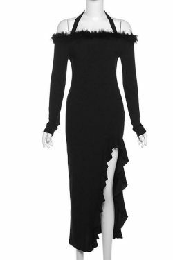 Coquette Aesthetic Long-Sleeve Fluffy Trim Ruffle Slit Midi Dress