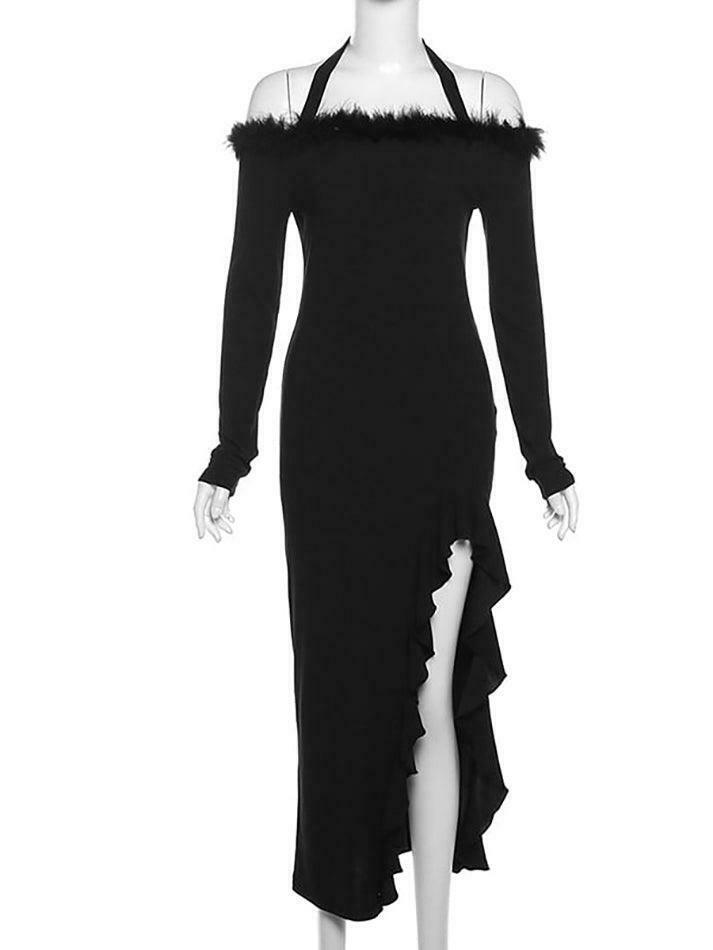 Coquette Aesthetic Long-Sleeve Fluffy Trim Ruffle Slit Midi Dress Coquette Aesthetic Long-Sleeve Fluffy Trim Ruffle Slit Midi Dress