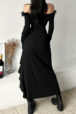 Coquette Aesthetic Long-Sleeve Fluffy Trim Ruffle Slit Midi Dress