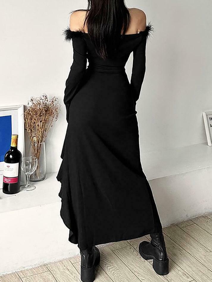 Coquette Aesthetic Long-Sleeve Fluffy Trim Ruffle Slit Midi Dress Coquette Aesthetic Long-Sleeve Fluffy Trim Ruffle Slit Midi Dress