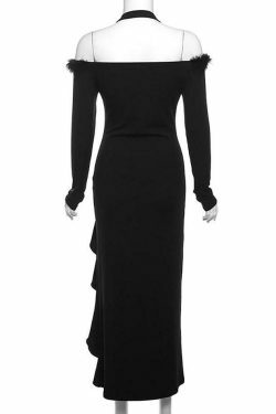 Coquette Aesthetic Long-Sleeve Fluffy Trim Ruffle Slit Midi Dress