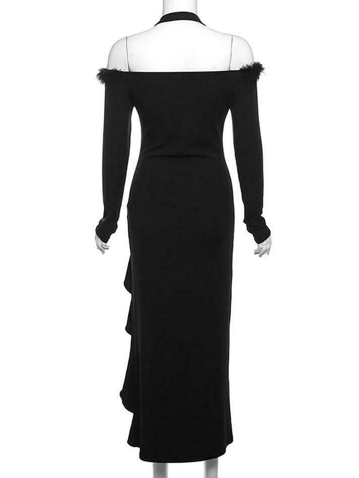 Coquette Aesthetic Long-Sleeve Fluffy Trim Ruffle Slit Midi Dress Coquette Aesthetic Long-Sleeve Fluffy Trim Ruffle Slit Midi Dress