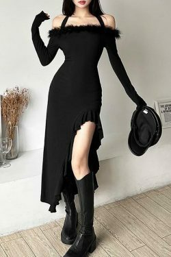 Coquette Aesthetic Long-Sleeve Fluffy Trim Ruffle Slit Midi Dress