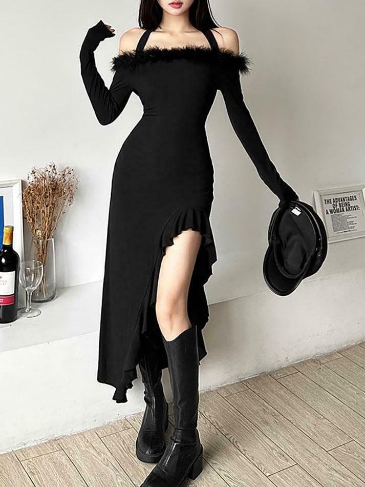 Coquette Aesthetic Long-Sleeve Fluffy Trim Ruffle Slit Midi Dress Coquette Aesthetic Long-Sleeve Fluffy Trim Ruffle Slit Midi Dress