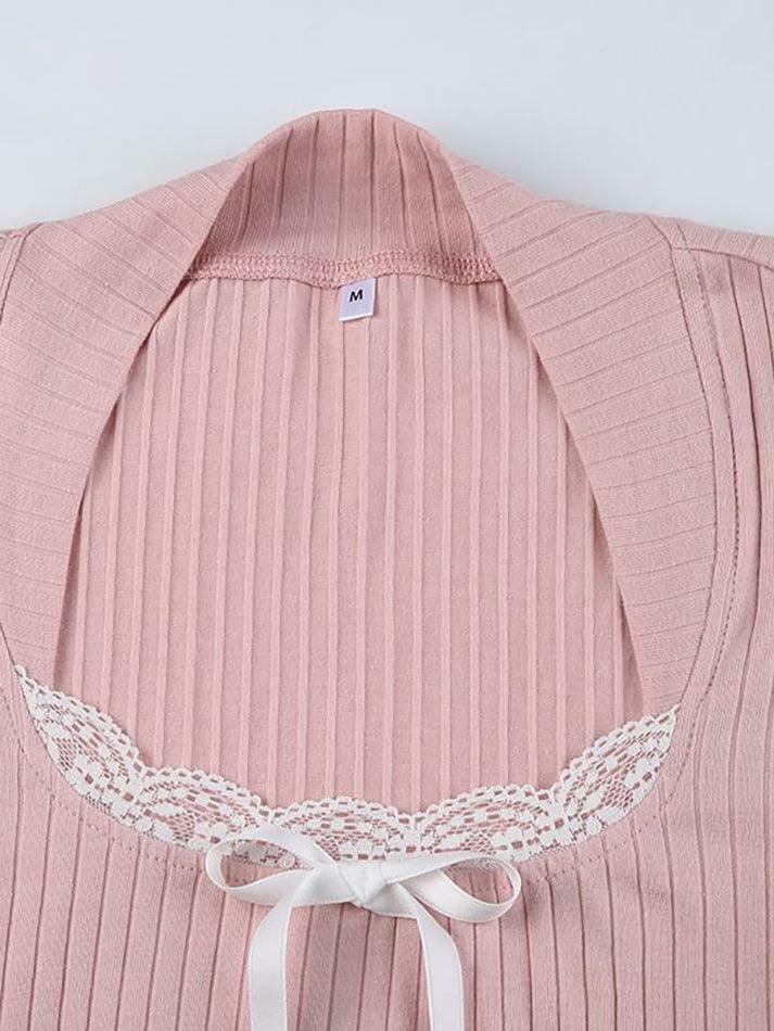 Coquette Aesthetic Long-Sleeve Lace Trim Knit Top with Bow Detail Coquette Aesthetic Long-Sleeve Lace Trim Knit Top with Bow Detail