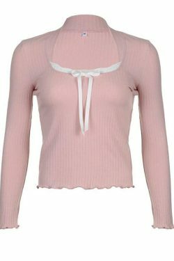 Coquette Aesthetic Long-Sleeve Lace Trim Knit Top with Bow Detail