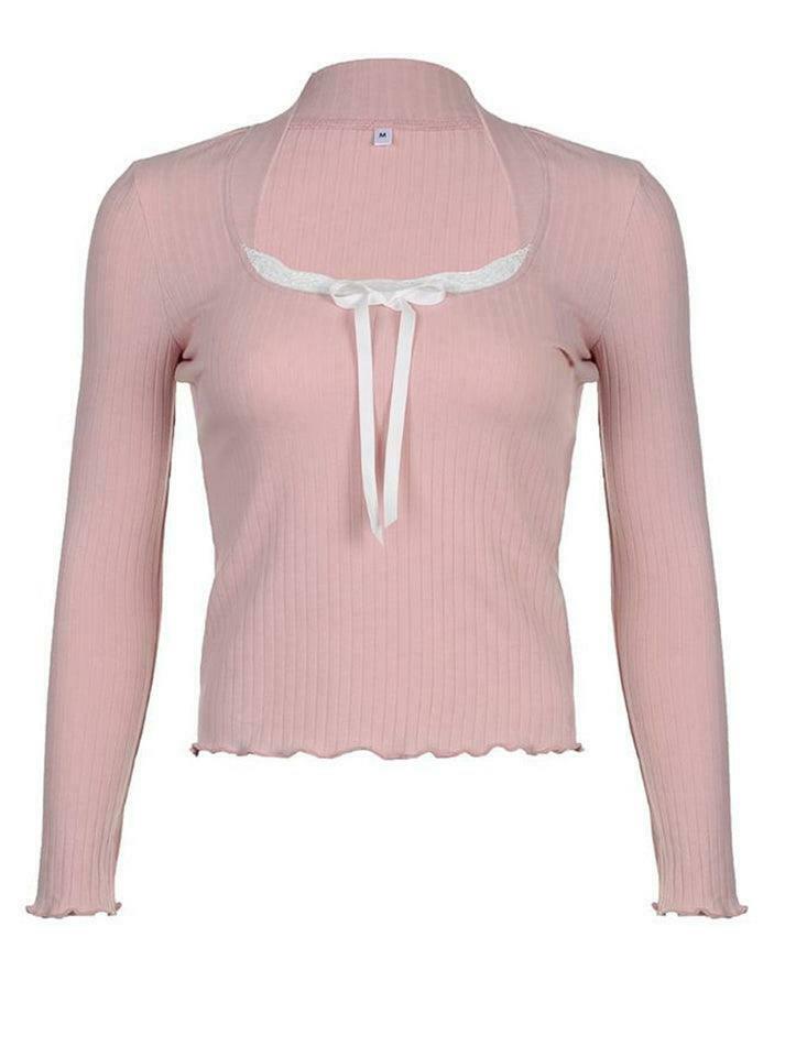 Coquette Aesthetic Long-Sleeve Lace Trim Knit Top with Bow Detail Coquette Aesthetic Long-Sleeve Lace Trim Knit Top with Bow Detail