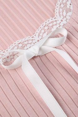Coquette Aesthetic Long-Sleeve Lace Trim Knit Top with Bow Detail