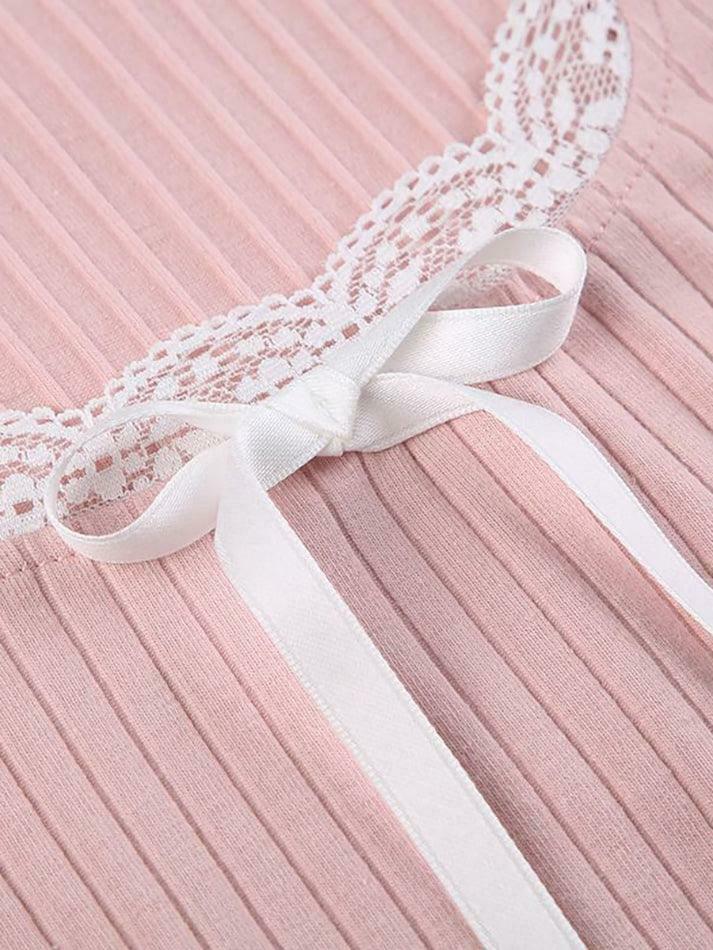 Coquette Aesthetic Long-Sleeve Lace Trim Knit Top with Bow Detail Coquette Aesthetic Long-Sleeve Lace Trim Knit Top with Bow Detail